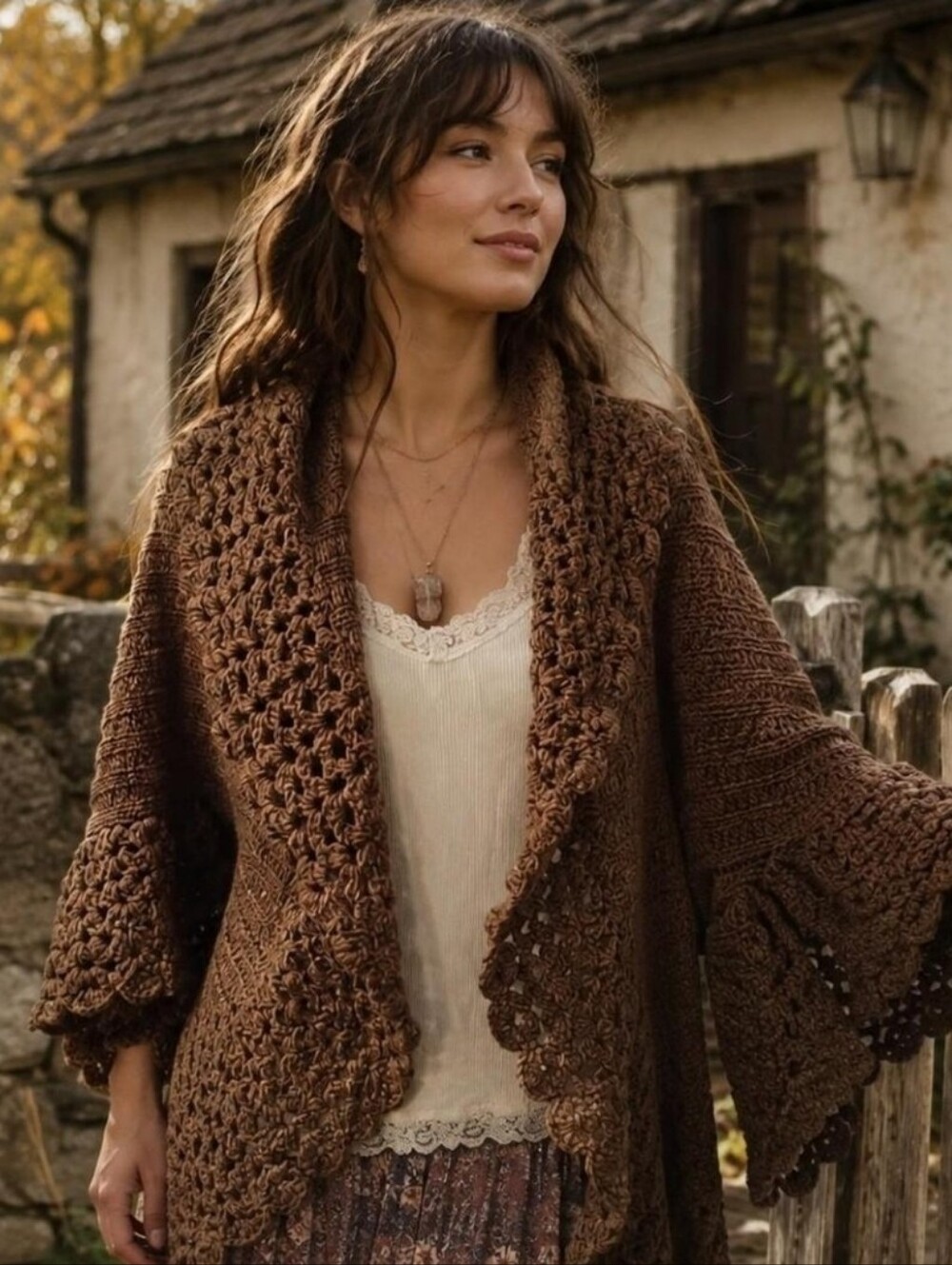 Bohemian Brown Crochet Cozy Cottage Shawl Cardigan Size Large